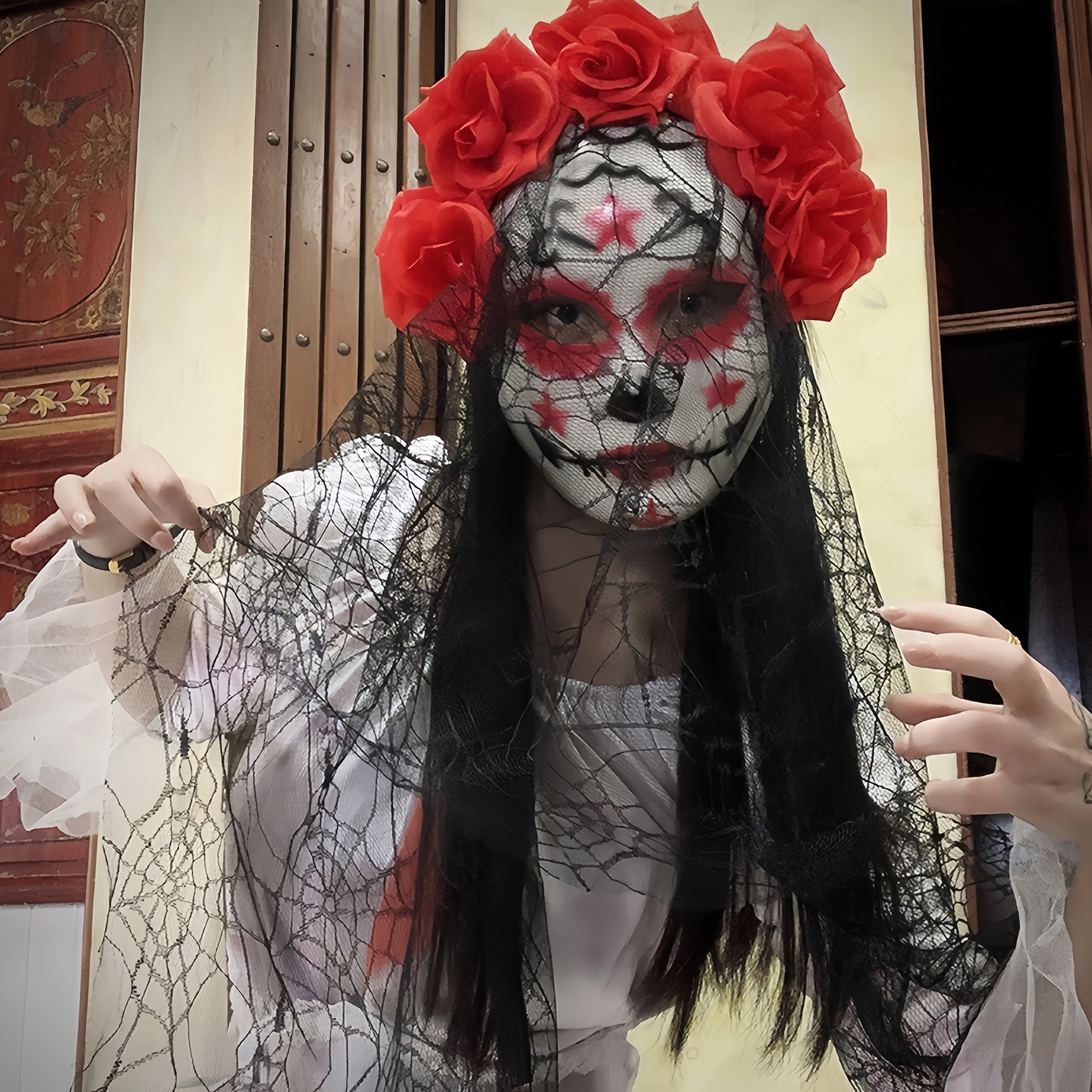 Halloween Cosplay Ghost Bride Veil Mask Lace Rose Horror Gothic Black Veil Mask Undead Carnival Party Masquerade Props - view 3