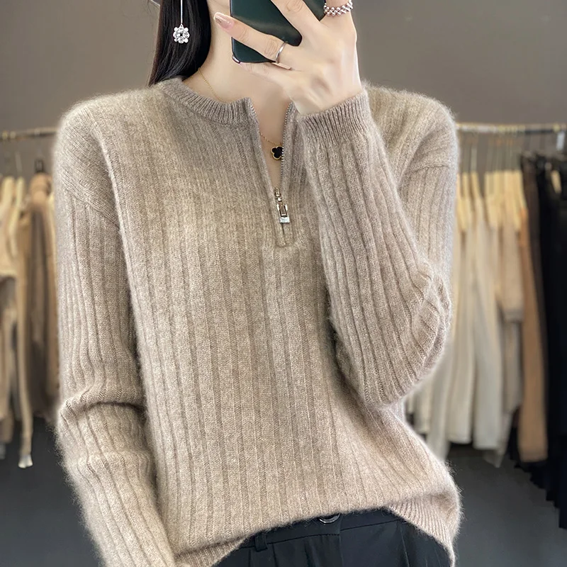 Fashion Solid Zipper Round Collar Sweater For Women 100% Wool 2023 Autumn Winter New Casual Knitwear Long Sleeve Female Tops