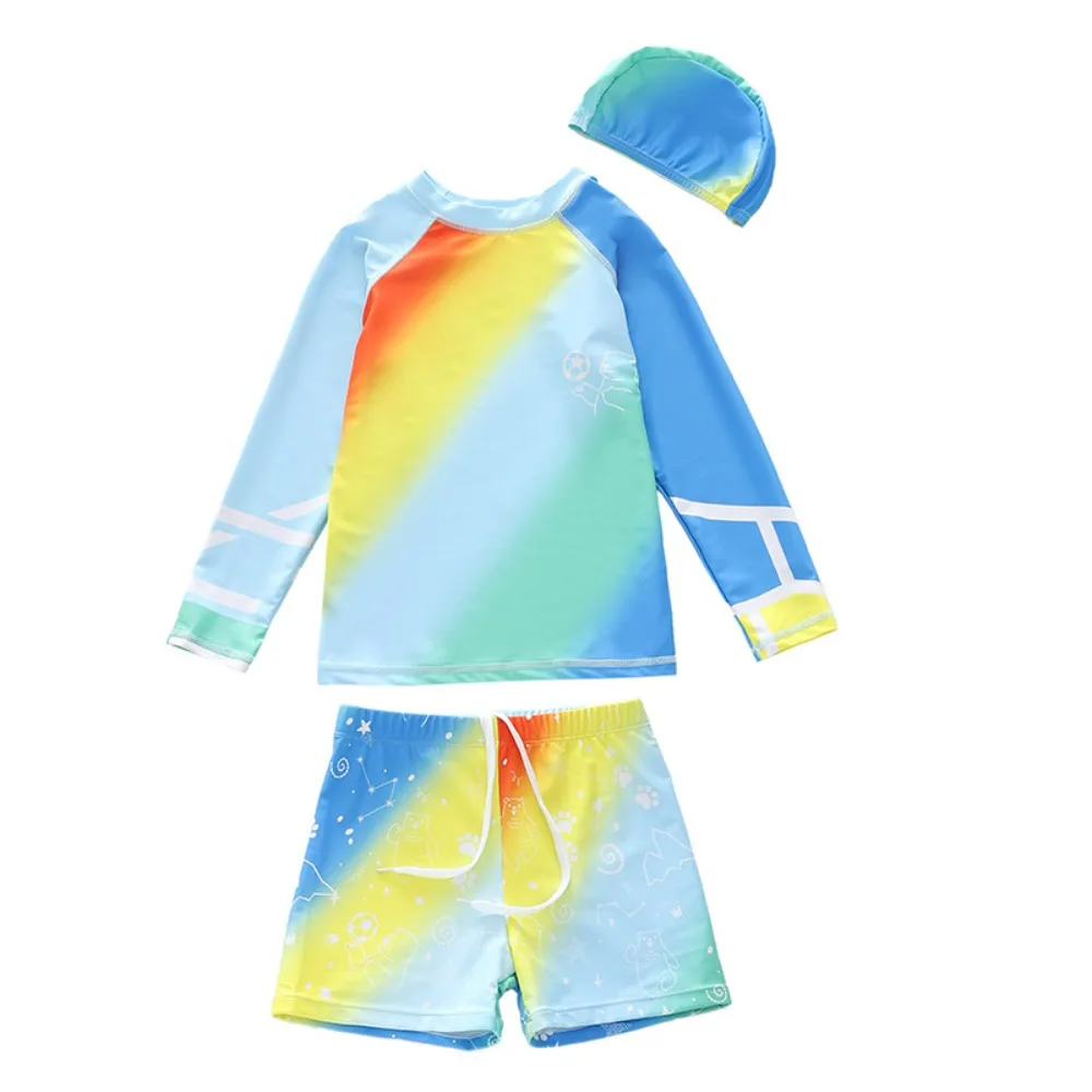 Plus Size Children Swimwear 2026 Korean Boys Bathing Suit Three-Piece Swimsuit Swim Shorts with Cap