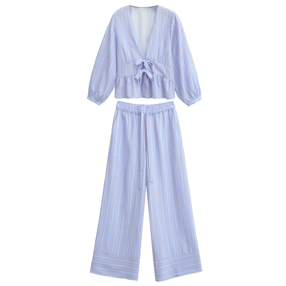 

Новая весенняя женская полосатая рубашка с галстуком-бабочкой и брюки с высокой талией