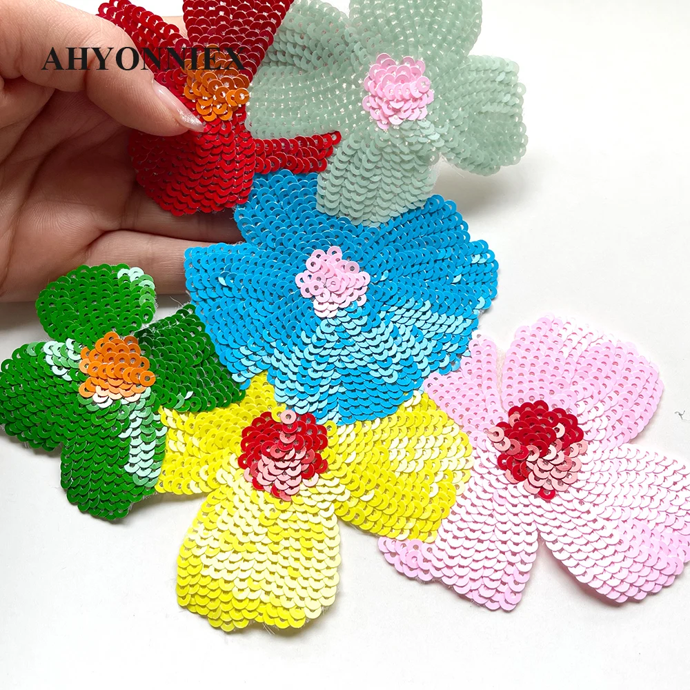 17.2CM X 17.7CM Colorful Flower Embroidered Sequins Parches For Clothing DIY Appliques Iron On Patches