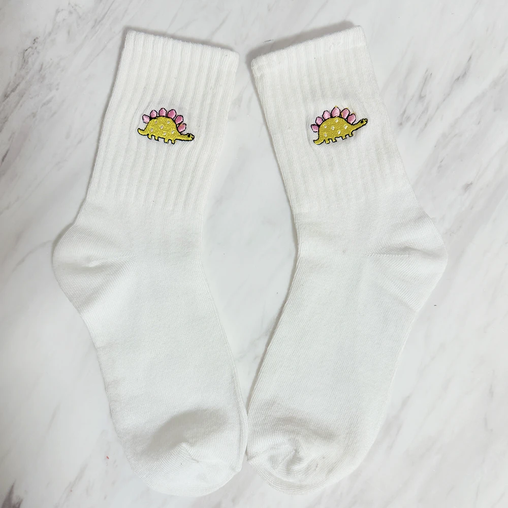 5 Pairs/Pack Cute Women Embroidery Dinosaur Socks White Lovely Cartoon Animal Vintage Shortnovelty Crazy Funny Cozy Socks image 4