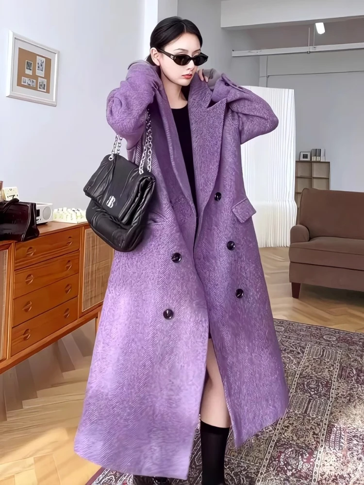 

2025 New Purple Coat High Quality Long Blazer Woolen Jacket Women Fall/Winter Elegant Loose Oversize Warm Wool Overcoat Outwear
