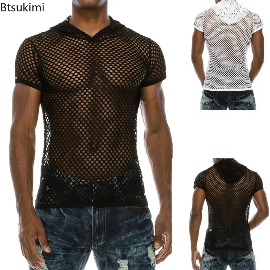 New 2024 Men\'s Transparent Sexy Mesh T-Shirt See Through Fishnet Short Sleeve Men Muscle Pullovers Dance Perform Top Tees Male