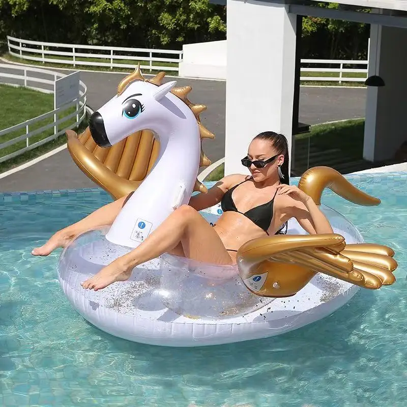 

New Extra Large Inflatable Unicorn Floating Chair Gold Sequined Pegasus Water Bedding Hawaii Party Decors Swimming Raft Gifts