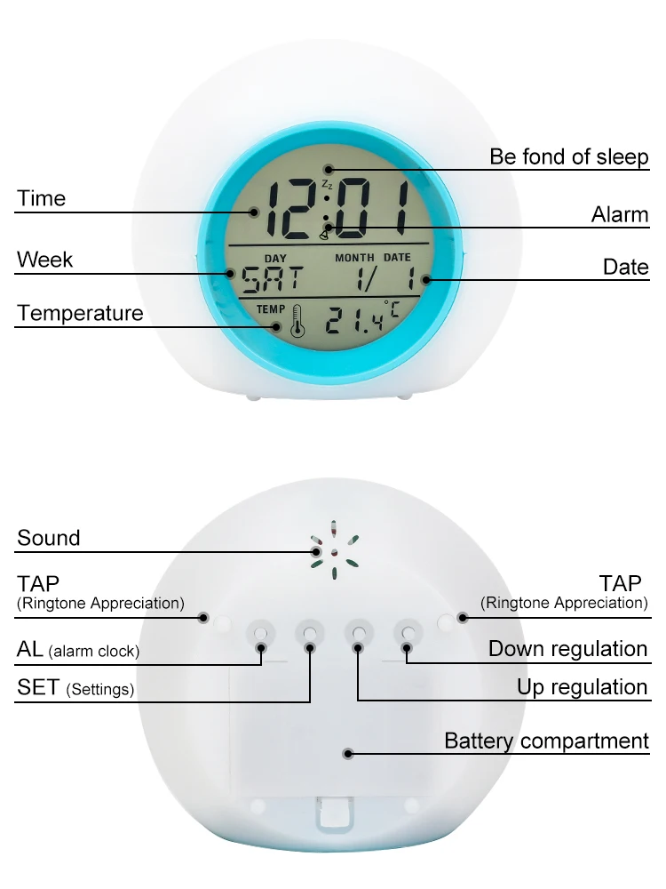 Creative 7 Colorful Round LED Light Alarm Clocks Time Date Display Temperature Detection Multi Functional Circular Alarm Clock