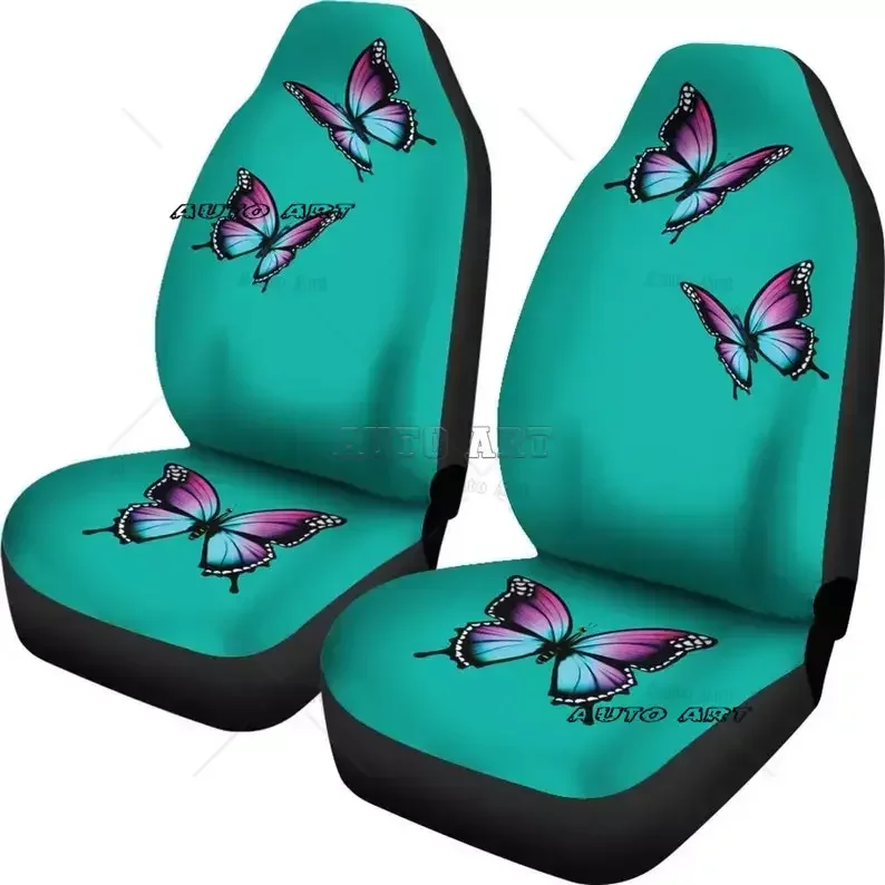 Turquoise Car Seat Covers Set With Purple and Blue Bright Butterflies Universal Fit For Most Bucket Seats Girly Seat Protectors