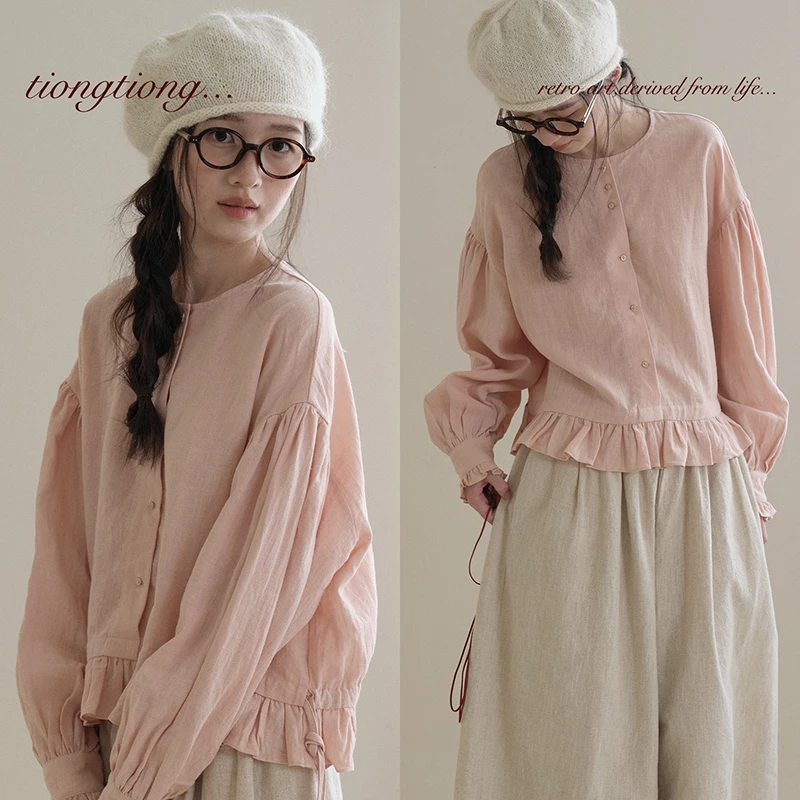 

2025 New Arrival Autumn Women Loose O-neck Good Quality Cotton Linen Patchwork Blouse Single Breasted Women Casual Shirts T281