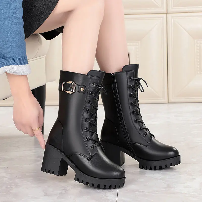 Winter High-heeled Leather Women Winter Boots Thick Wool Warm Women Boots High-quality Female Snow Boots