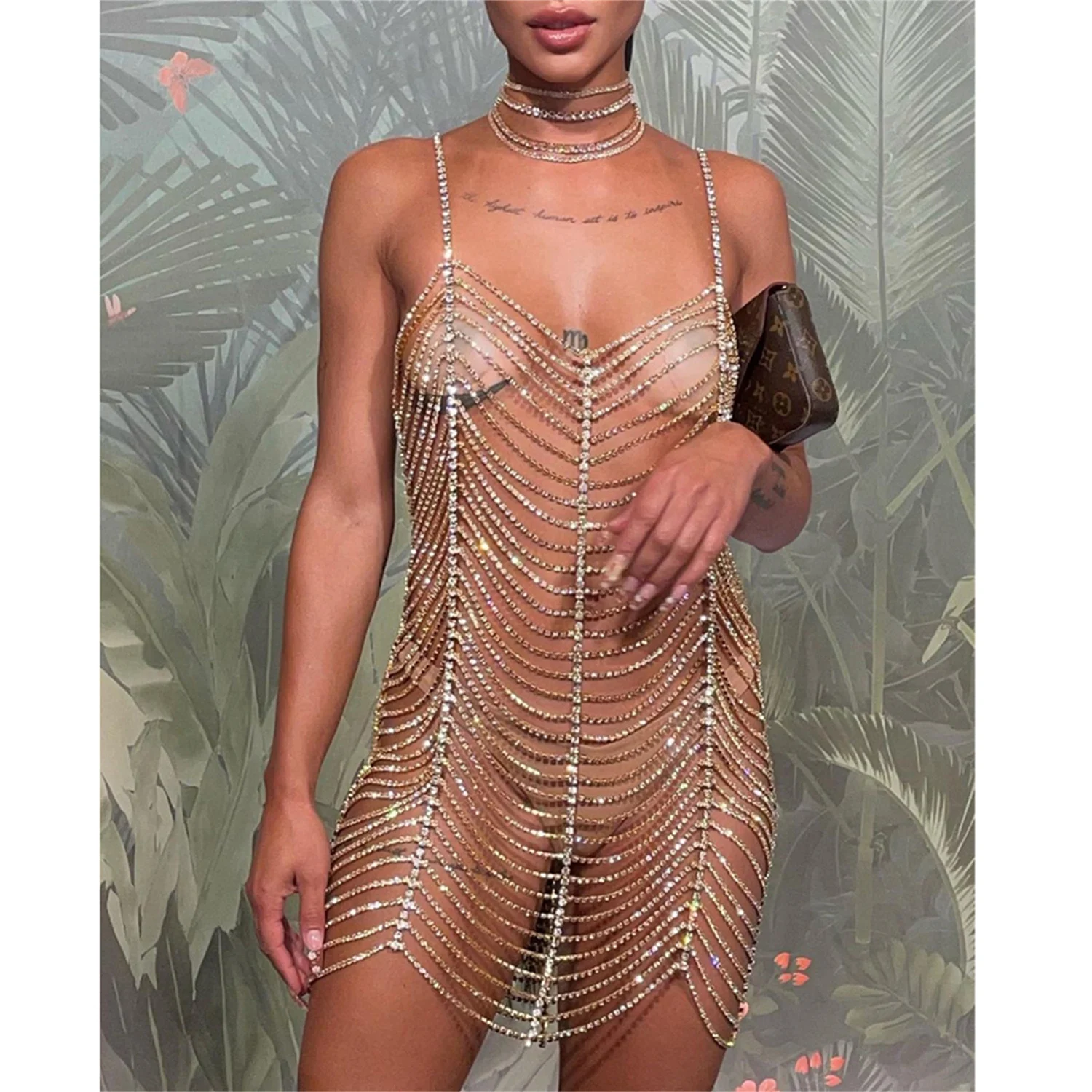 رائعة لامعة متعددة الطبقات الأسود حجر الراين شرابة حزام الصدرية الأعلى مثير كريستال الجسم سلسلة مخلب سلسلة مجوهرات #5