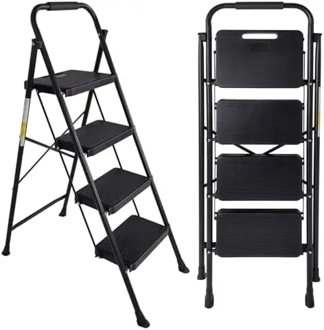 4 Step Folding Ladder with Handrail, 550 lbs Capacity Non-Slip Wide Tread Step Stool, Lightweight Aluminum