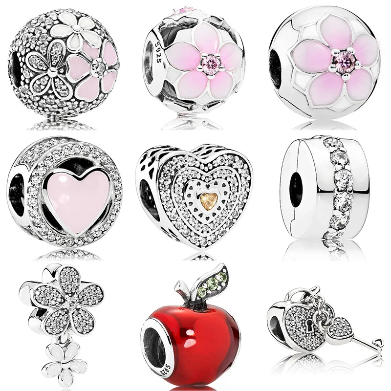 Chất Liệu Bạc 925 Hoa Khóa Apple Mộc Lan Trái Tim Hạt Pha Lê Phù Hợp Với Ban Đầu Pandora Charm Vòng Tay Nữ Tự Làm Món Quà Trang Sức