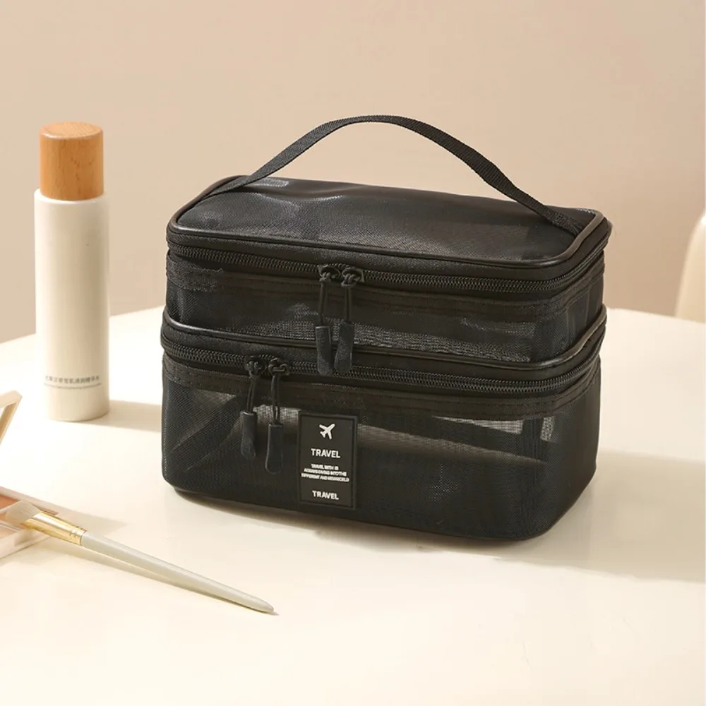 Zipper Mesh Cosmetic Bags Transparent 1/2/3 Layers Perspective Makeup Bag Large Capacity Handheld Double-layer Storage Bag