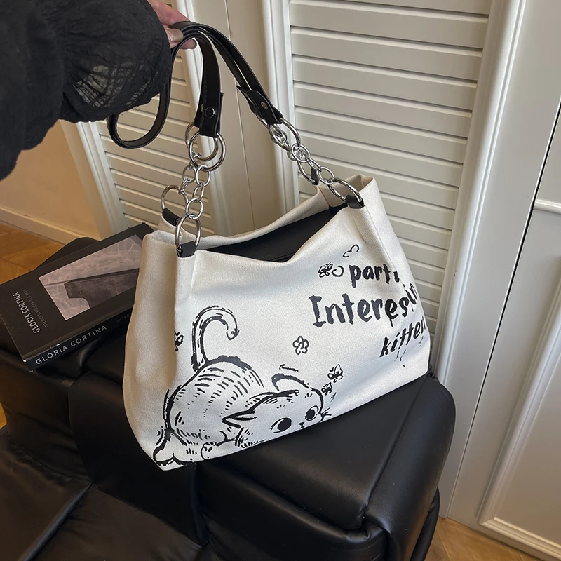 

Холщовая женская сумка большой вместимости, модная сумка-тоут с цепочкой и ремешком с кошачьим дизайном, идеально подходящая для повседневного использования