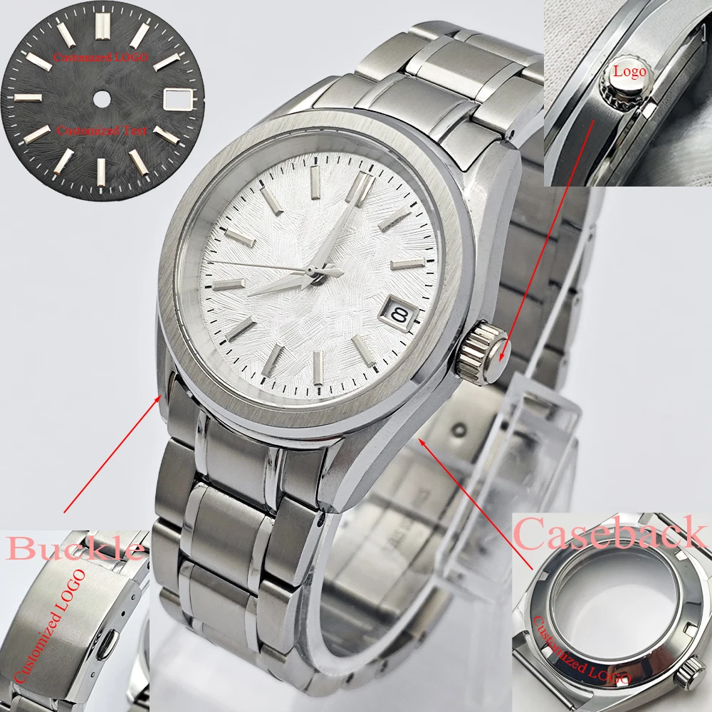 Orologio personalizzato con logo Cassa per orologio in cristallo di zaffiro da 38 mm Quadrante in argento/ lancette adatte per orologio da uomo con movimento automatico NH35