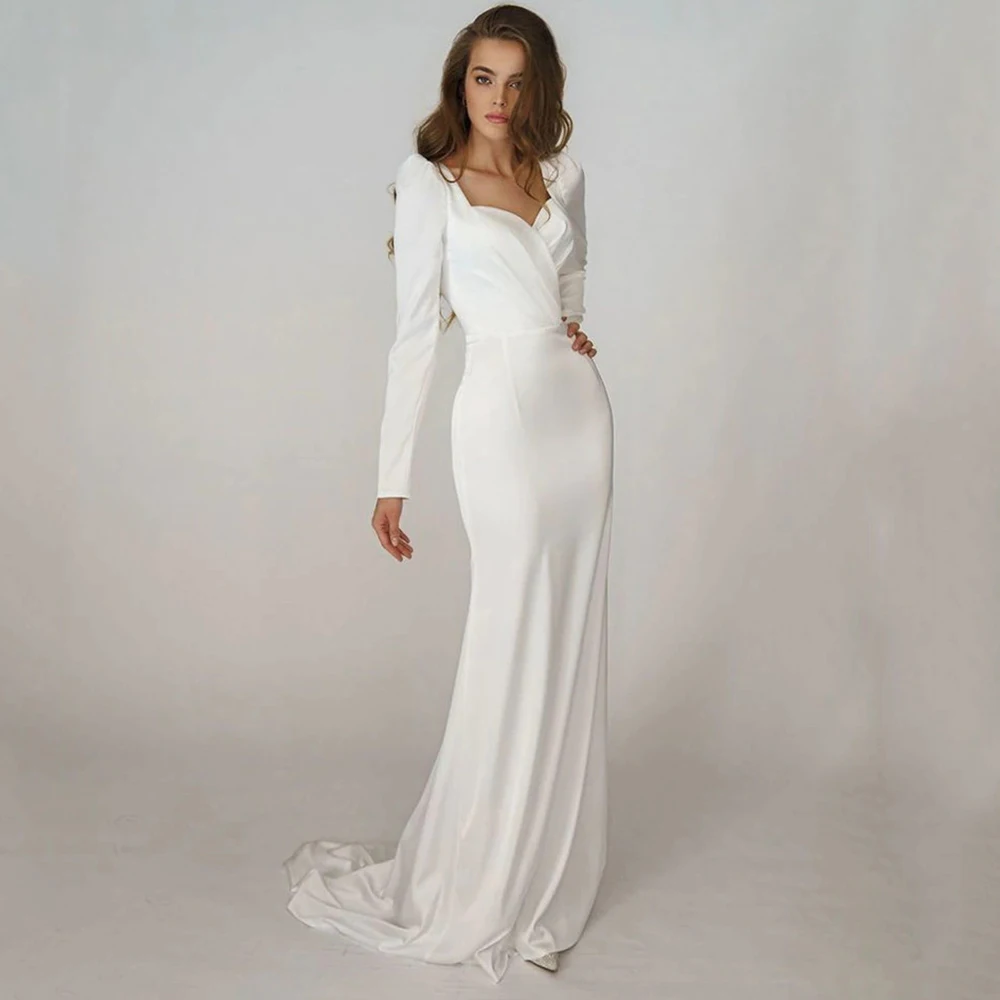 

Simple Mermaid Wedding Dress Square Collar and Long Sleeves with Pleat Bride Sheath Floor Length Sexy Backless Customized Gowns