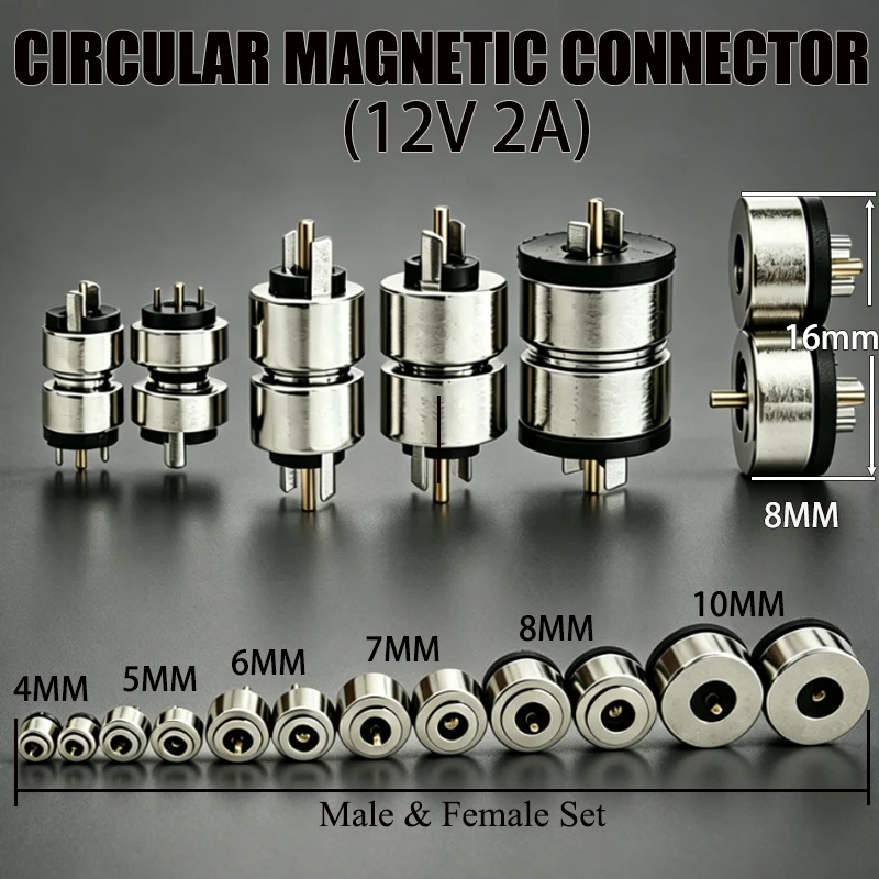 4/5/6/7/8/10mm Circular Magnetic 2Pin Male And Female Pogo Pin Connector 12V 2A Gold-plated For DIY Charging Of Smart Watches