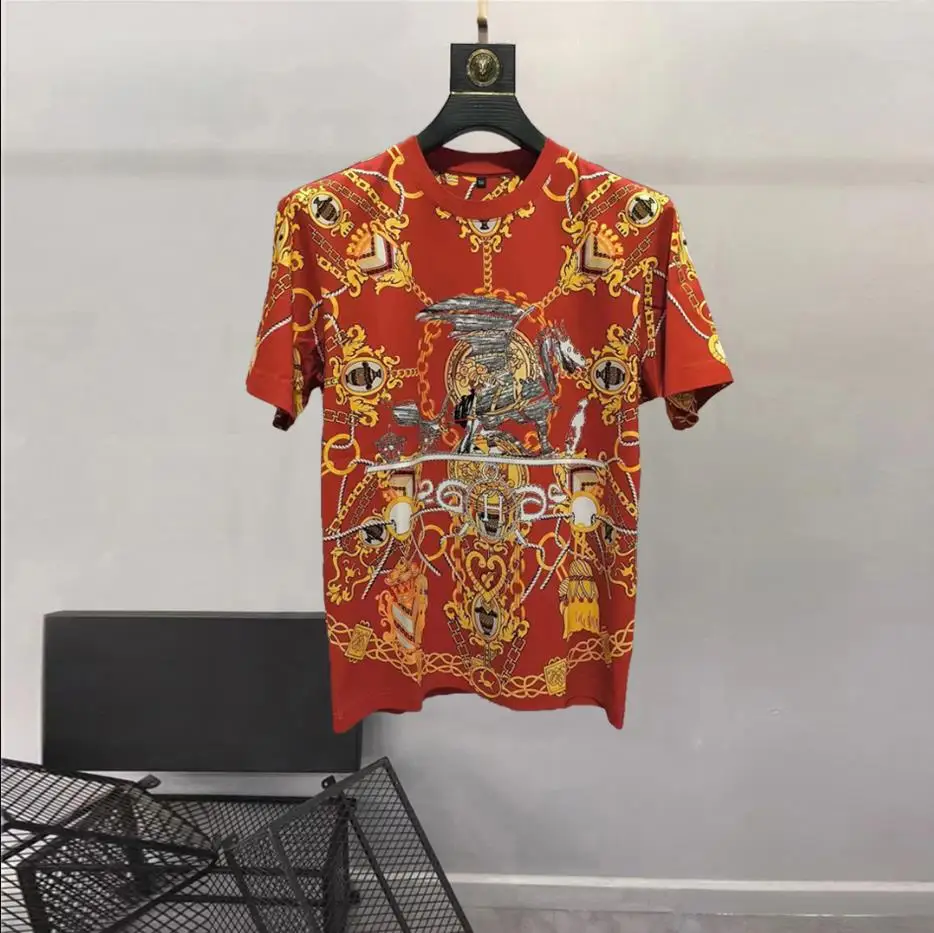 

European and American men's 2023 summer new Round neck and short sleeves fashion Chain Vintage Print T-shirt