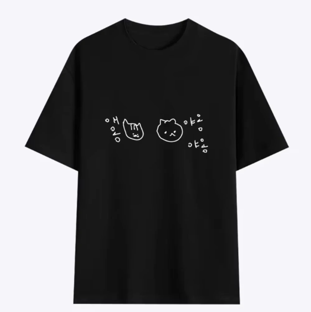 Korean Cute Cat Happy Life Doodle Short-sleeved Printed T-shirt Top Women Kawaii Line Art Cat Meme Graphic Casual Y2k Streetwear