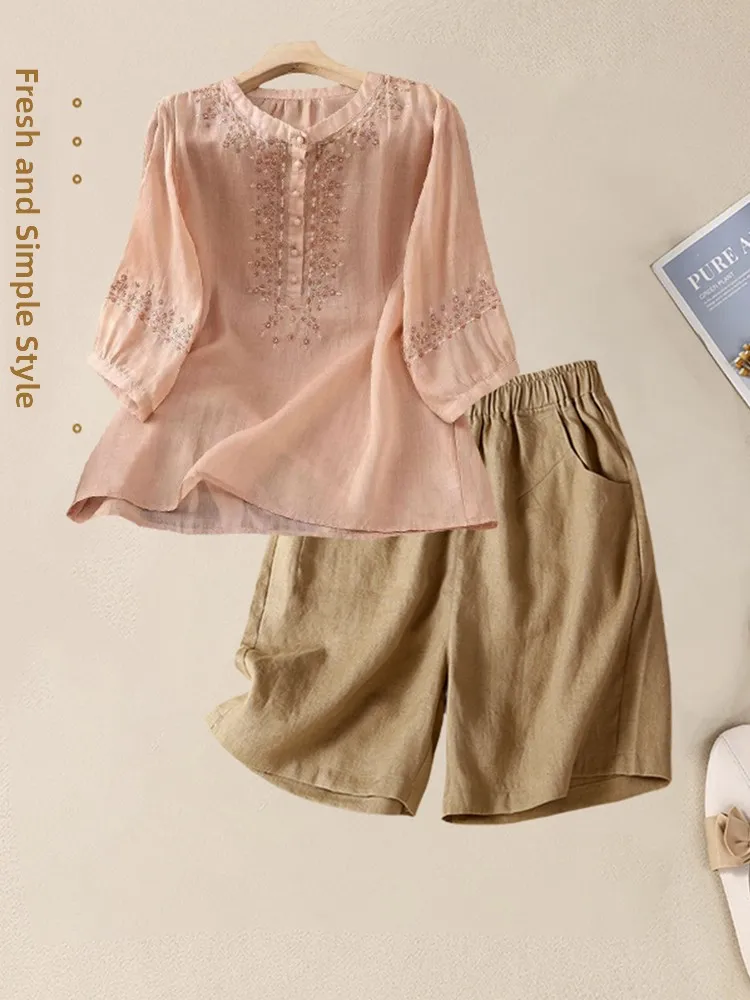 

Летний женский комплект из двух предметов из хлопка и льна ort Sve round Ne Top orts Ensemble, модная одежда для мамы большого размера
