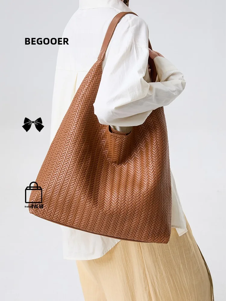 BEGOOER Women's Basket Weave Tote Bag Fashionable Versatile Shoulder Bag Underarm Bag Commuter Bag Autumn New Style