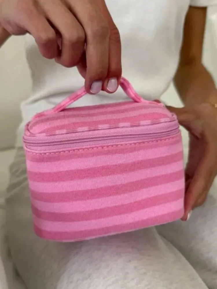 

Pink Striped Cute Makeup Bag Women Portable Zipper Cosmetic Travel Organizer Girls Sweet Vintage Handbag Toiletry Pouch Y2K