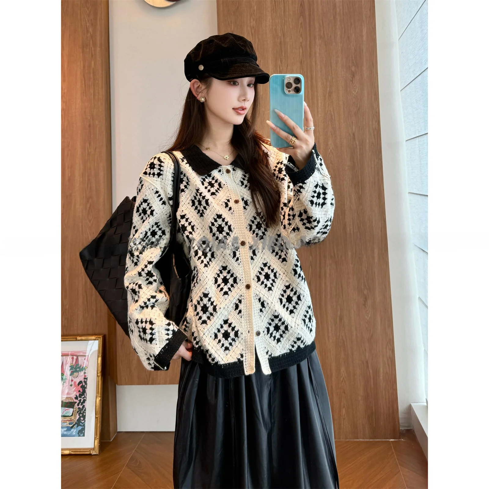

New Cotton Tead Knitted Vintage Collar Color Blo Diamond Pattern Open Cardigan Coat for Women Long Sve mid Length