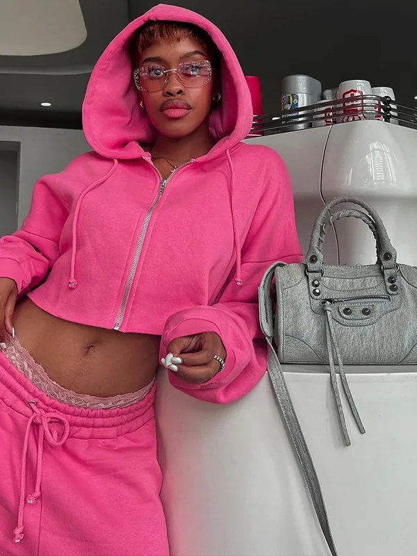 レディースカジュアルロングスリーブジッパーフーディクロップトップ＆パンツセット新作秋冬ファッション衣装サーマルポリエステル繊維