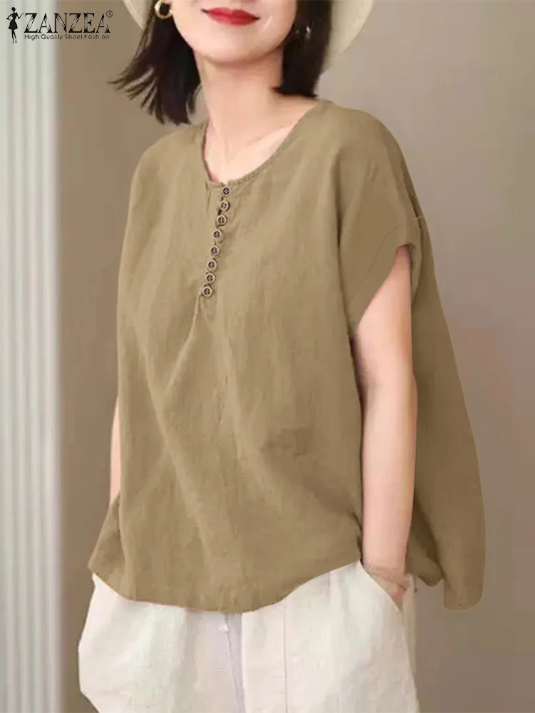 

Vintage Tops Solid Color Blouse Women Casual Short Sleeve Tunic 2025 ZANZEA Summer Loose O-Neck Pullover Oversized Blusas