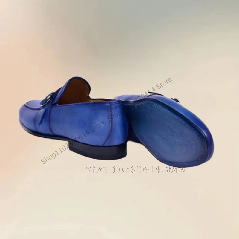 Blauw Naaien Ontwerp Gesp Decor Mannen Loafers Mode Slip Op Mannen Schoenen Luxe Handgemaakte Party Banket Kantoor Mannen Jurk Schoenen