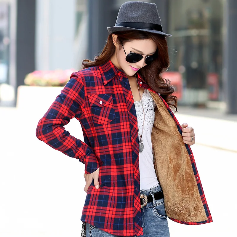 New Plus Velvet Plaid Shirts Women 2024 Autumn Winter Keep Warm Blouses Thick Tops Casual Slim Female Clothes Outwear