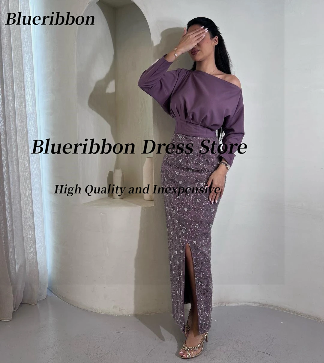 Blueribbon Modern Prom Dresses 2024 Long Sleeves Birthday Party Saudi Arabia Women Wear Beaded Lace Flowers Evening Formal Gowns