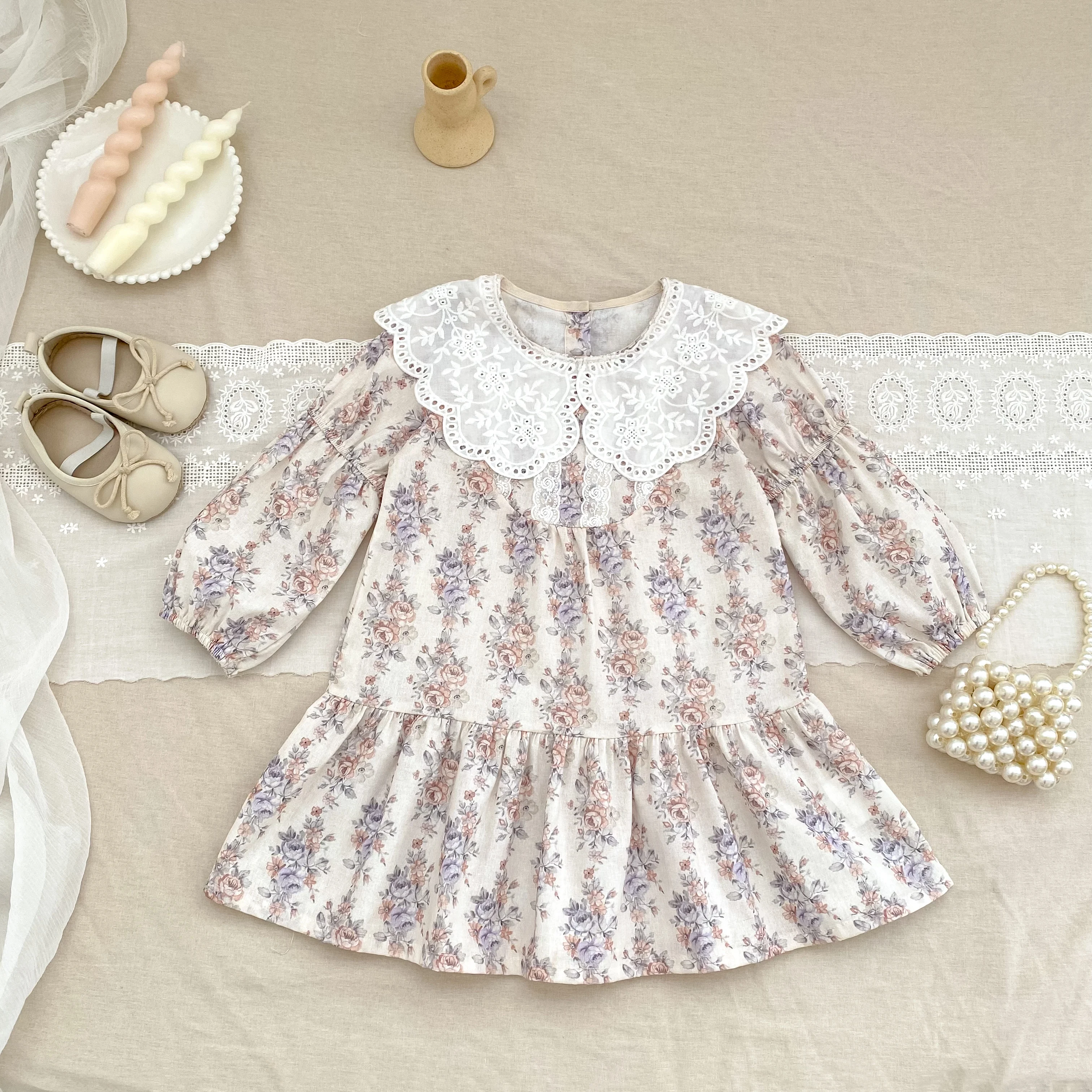 Herbst Blume Französisch Kontrast Revers Stil Mädchen Kleid Frühling Baby Kinder Lange Ärmeln Reine Baumwolle Spitze Süße Prinzessin Kleid – Detail 4