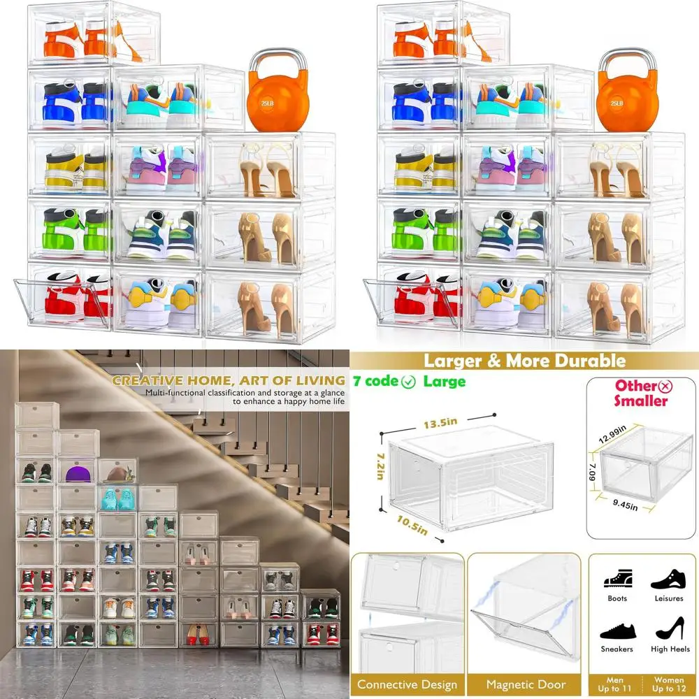 

Stackable Clear Plastic Shoe Organizer with Magnetic Door, Space-Saving Foldable Shoe Rack for Various Footwear, Durable White S