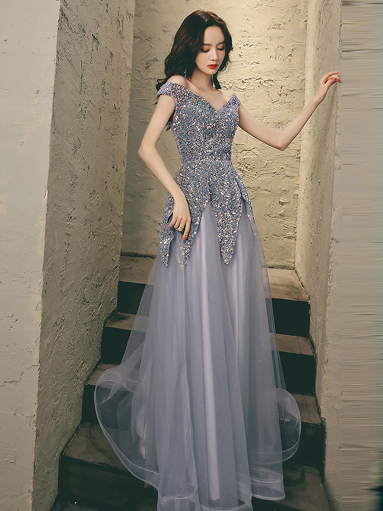 

Ele Long One-oulder Evening Gown Women's New 2025 High-End Lightweight Sequin Celebri Ball Dr Heavy Embroidery