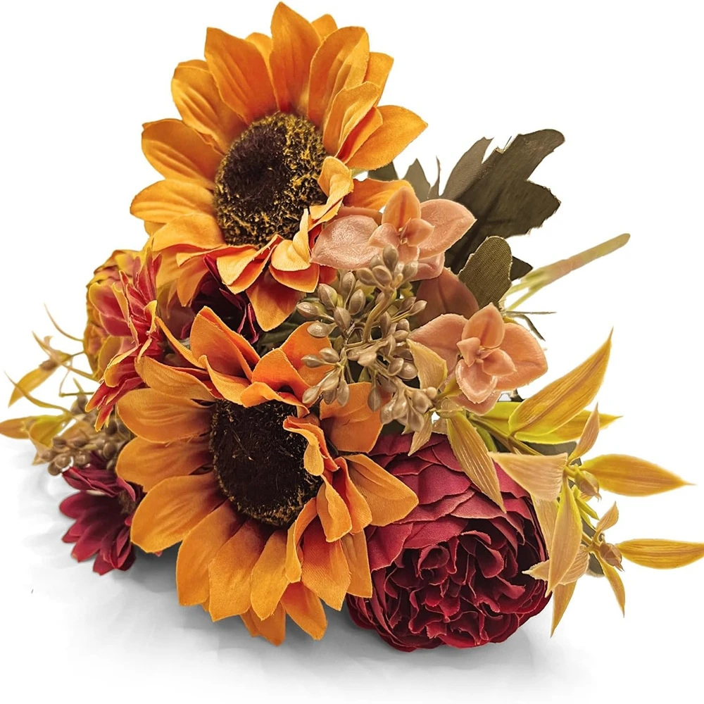 Künstliche Blumen aus Seide, Sonnenblumen, Festival, Herbstgirlande, Hochzeit, Brautsträuße, Zuhause, Zimmer, Tischdekoration, Fensterbank-Dekoration – Detail 6
