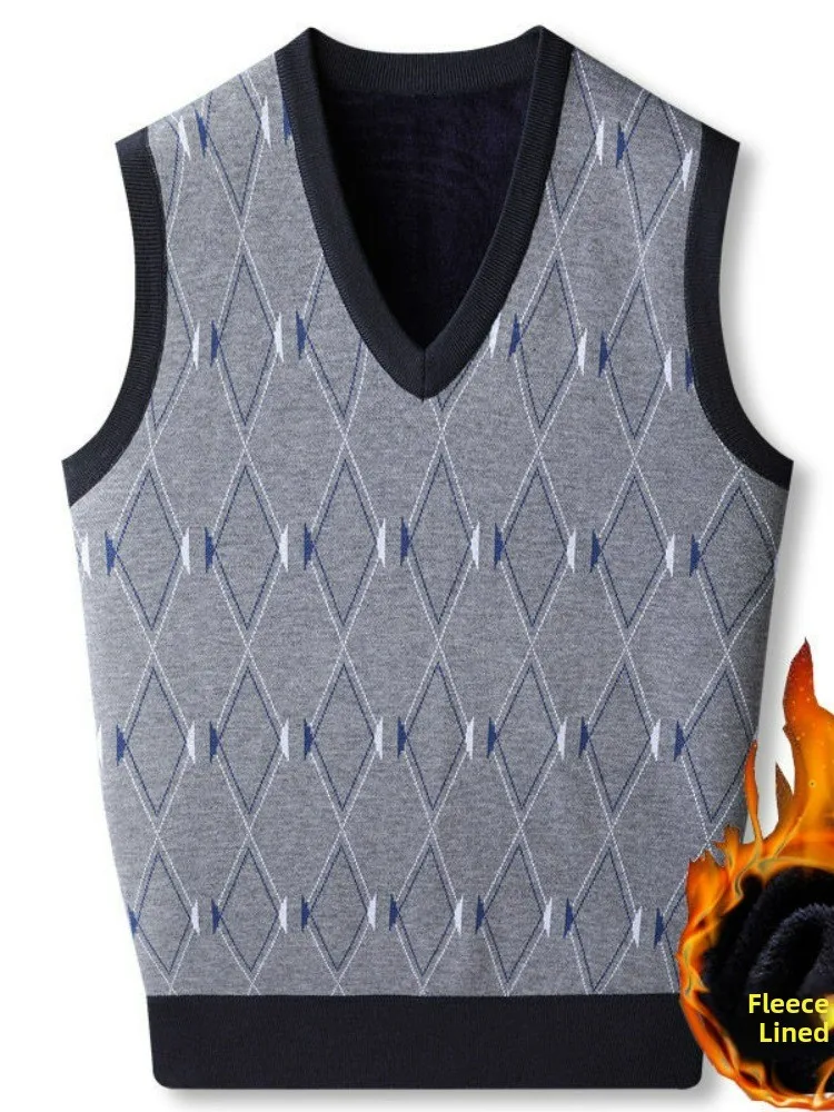 

Thiened Fce Men's Knitted Vest V-Ne Svel Winter Warm Top Dad Sle Faion Middle-Aged Men's Clothing