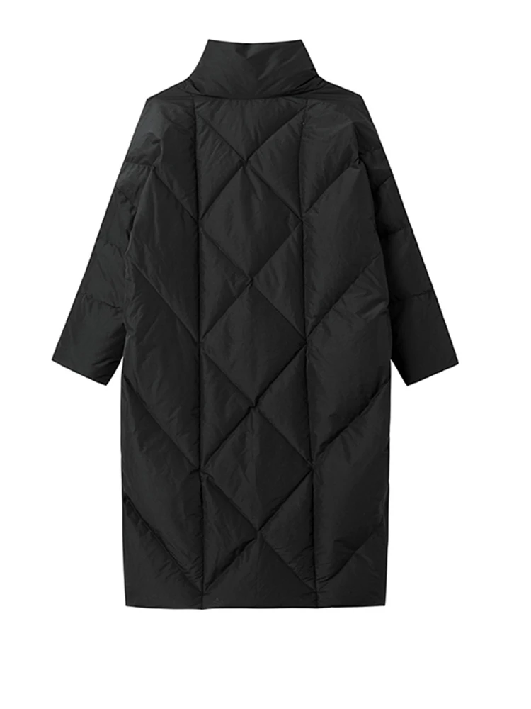 [EAM] Loose Fit Black Long Down Jacket New Stand Collar Long Sleeve Warm Women Parkas Fashion Tide Autumn Winter 2026 1DD1640
