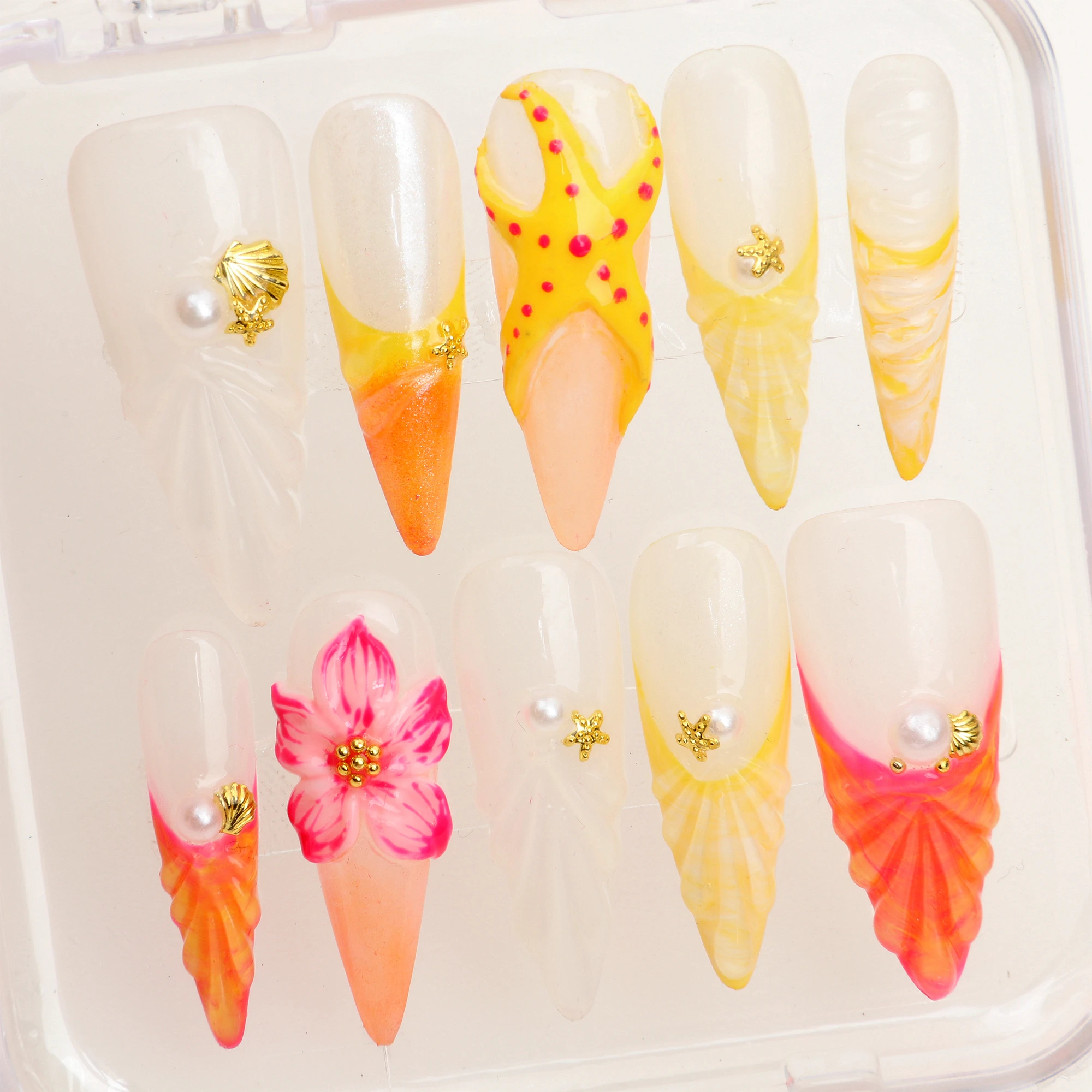 

10Pcs Handmade y2k nails Unique 3D beautiful Flowers Press On Nails Faux Acrylic Nails,Gold Design with Adhesive Nail File Set