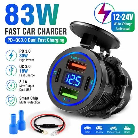 83W Car Charger Socket Fast Charging Dual USB+Type C PD30W Outlet Phone Power Adapter with Voltmeter for Motorcycle Truck Boat
