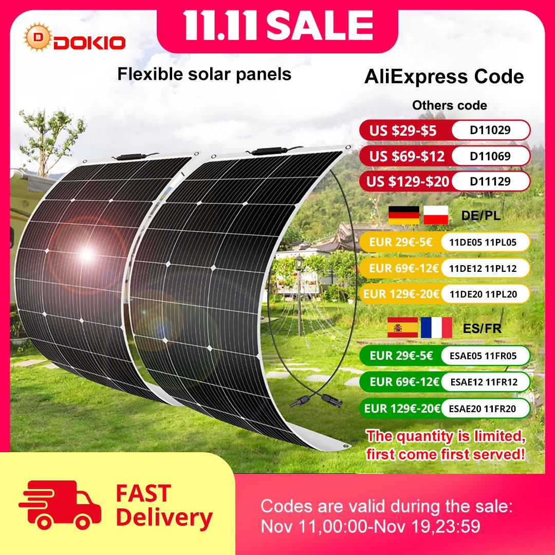 DOKIO 18 فولت 200 واط/200 واط مجموعة الألواح الشمسية المرنة مقاوم للماء لوحة طاقة شمسية أحادية البلورية التخييم RV شحن المنزل 12 فولت