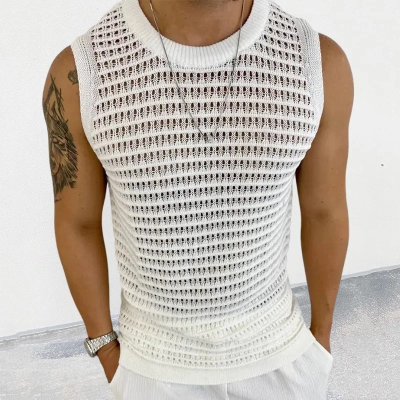 

Men's Sweater Vest 2023 Summer New Breathable Solid Color Slim Sleeveless Hollow Knit Vest