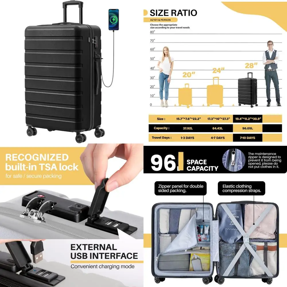 Lightweight ABS Hardside PC Luggage with USB Port, TSA Lock, Wheels, Large 28 Inch Black for Travel