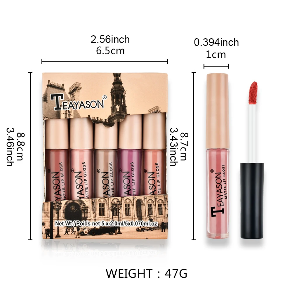 Leopard Print Round Tube 5-Piece Lip Gloss Set, Matte Waterproof Non-Fading Nude Color Set, Skin Tone Pumpkin Color Lip Glaze
