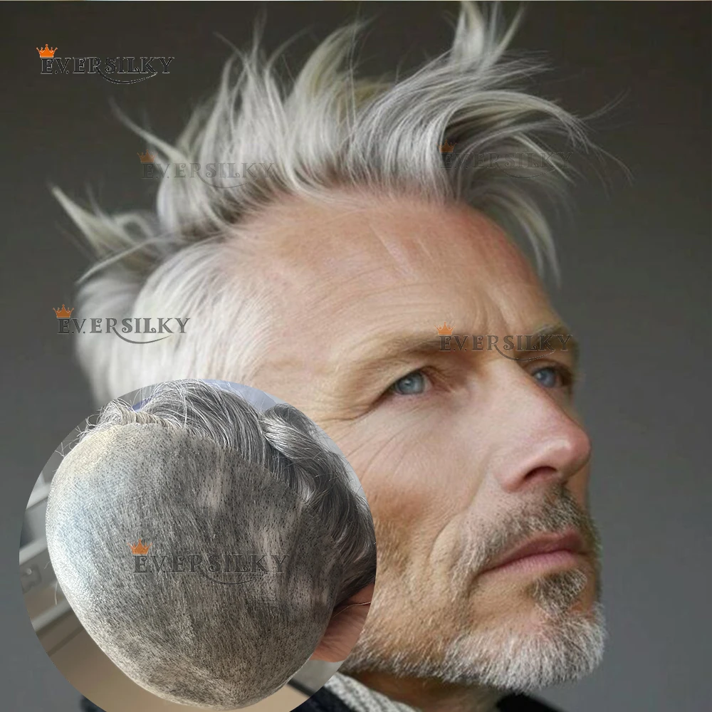 

Undetectable 1B80 1b40 1b50 Gray Silver Black Human Hair Men's Toupee Capillar Prosthesis Easy Install Full PU Durable Man's Wig