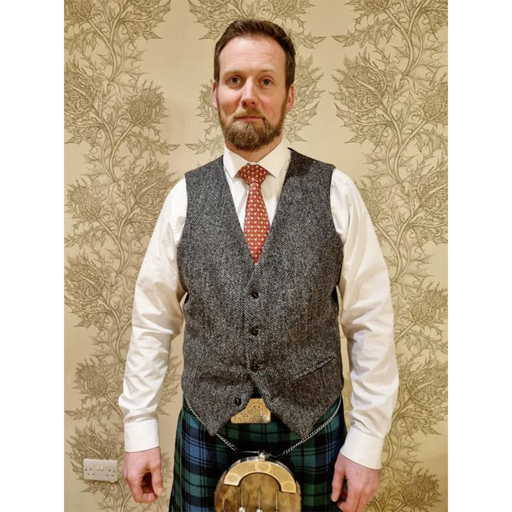 Retro Men's Vest Suit Herringbone Tweed Vests Satin Back Dinner Party Single Breasted Sleeveless Waistcoat Male Dress Casual