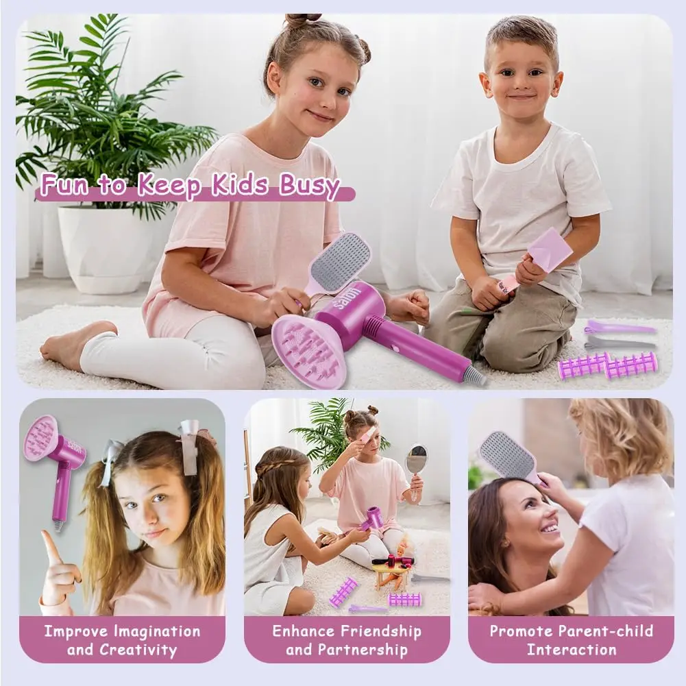 7 STKS Meisjes Kapsalon Cadeauset - Kinderen Schoonheid Speelset met Pretend Föhn & 2 Verwisselbare Nozzles, verjaardag Kerstmis