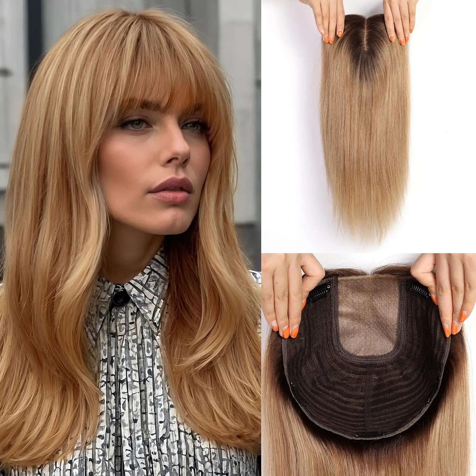 16 Inches Straight Remy Human Hair Toppers for Women Blonde Gradient Dark Root Hair Extensions 3 Clips in Hairpieces