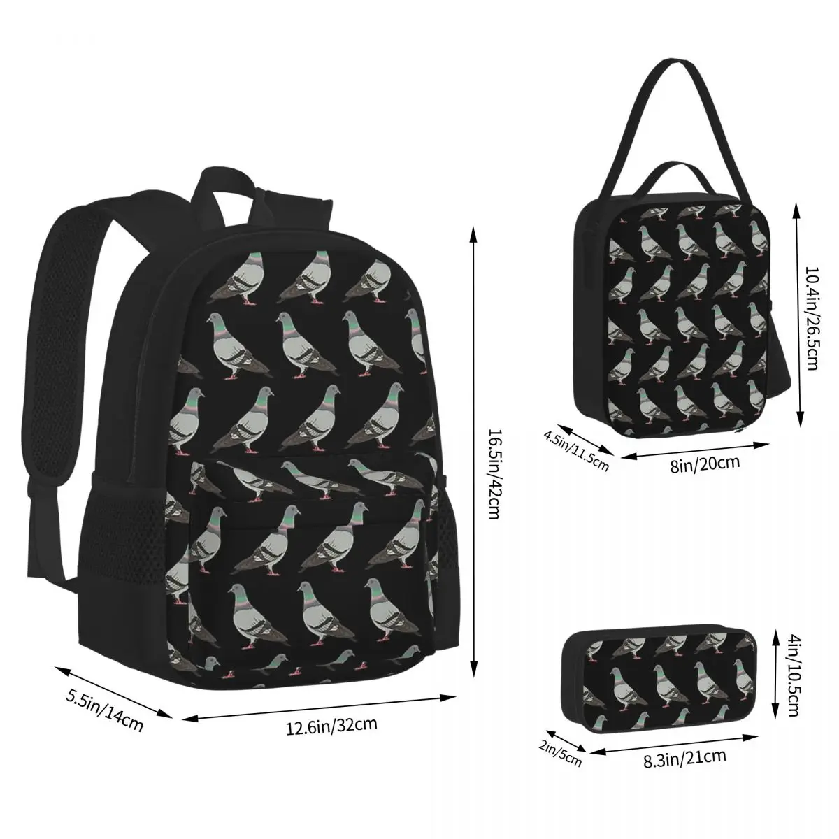 Mochila Pigeon Walk-fundo preto para estudantes, mochilas escolares, mochila dos desenhos animados, lancheira, bolsa de caneta, conjunto de 3 peças, 2020