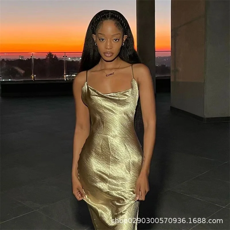 

Spaghetti Strap Deep-V Neck Women's Evening Dress Lace Up Backless Bandage Gown Golden Red Sleeveless Slim Party Skirt In Stock